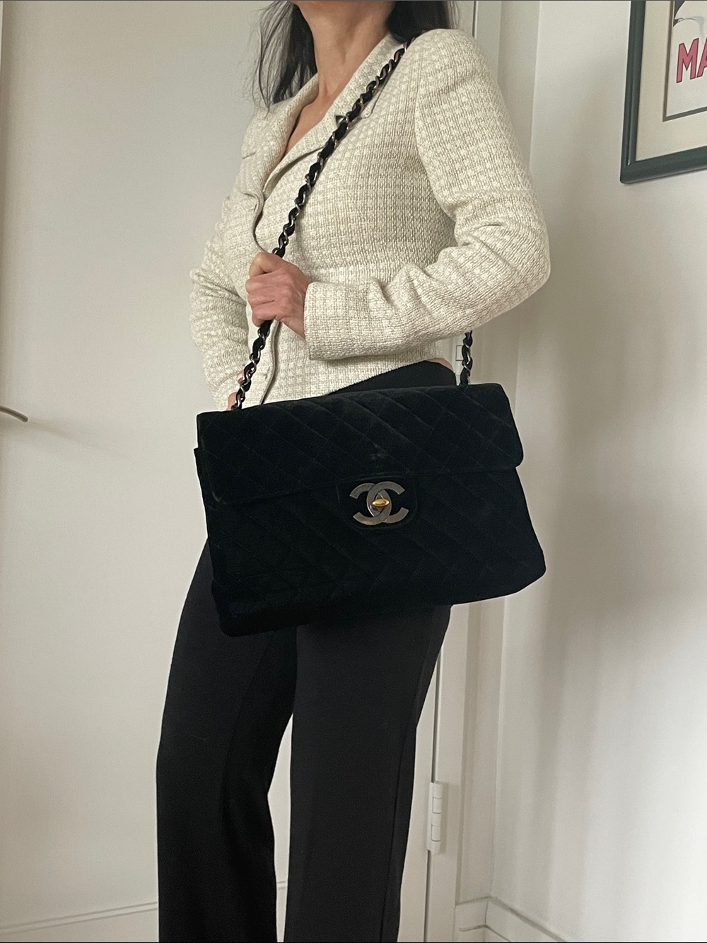 CHANEL Authentic Vintage Black Quilted Suede Shoulder Bag with Interwoven Chain